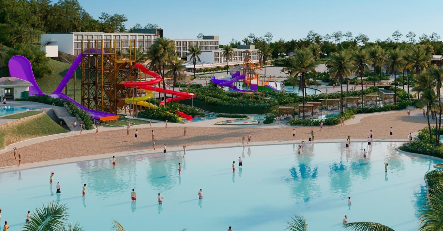 Parque Aquático Multiparque do costao estaleirinho, com toboaguas coloridos e pessoas se divertindo